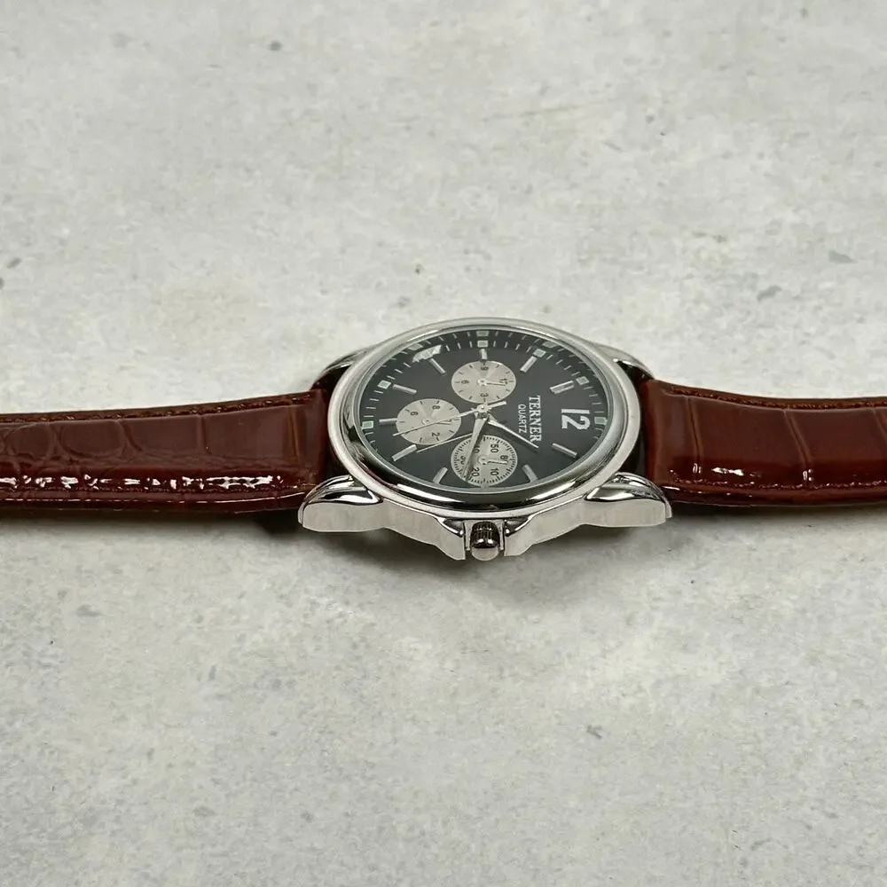 Bijous Terner Watch Mens 35mm Silver Tone Brown Leather Band New Battery